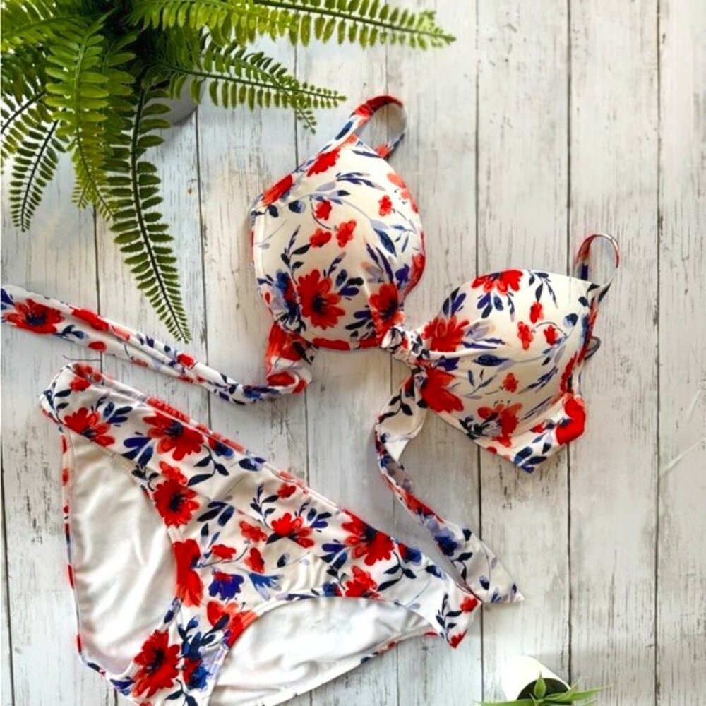 La Vie en Rose Aqua - Red, White & Navy Floral Push-Up Bikini Set - XL